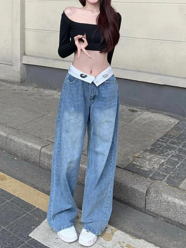 Vrećaste plave Cargo ravne traperice Ženske vintage korejske mode Chic traper hlače visokog struka Y2k Ulične hlače širokih nogavica Ženske