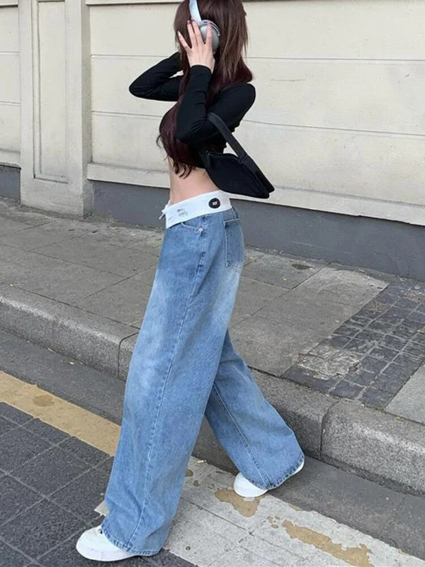 Vrećaste plave Cargo ravne traperice Ženske vintage korejske mode Chic traper hlače visokog struka Y2k Ulične hlače širokih nogavica Ženske