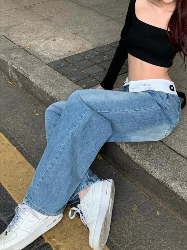 Vrećaste plave Cargo ravne traperice Ženske vintage korejske mode Chic traper hlače visokog struka Y2k Ulične hlače širokih nogavica Ženske