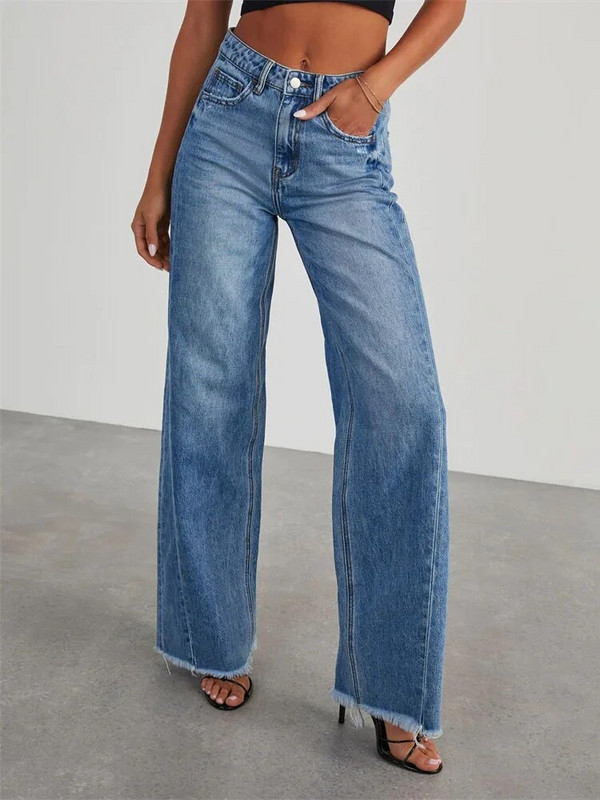 Utcai ruházat Női Farmer Farmer egyenes nadrág Közepes derekú, széles szárú nadrág Női nyers szélű mosott farmer Nagy méretű retro farmer