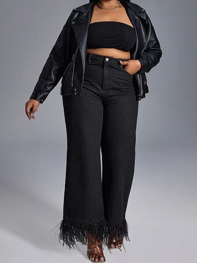 Naiste suures suuruses sirge säärega teksad kõrge vöökoha ja õhukese istumisega vabaaja moodsad retro Y2K moodsad tutiservaga laienevad püksid