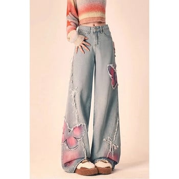 Сини дамски дънки High Street Vintage Straight Pants Streetwear Y2K бродерия Американска мода Женски широки дънкови панталони