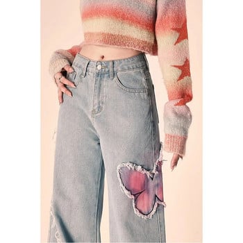 Сини дамски дънки High Street Vintage Straight Pants Streetwear Y2K бродерия Американска мода Женски широки дънкови панталони