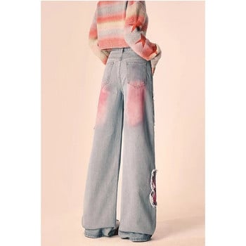 Сини дамски дънки High Street Vintage Straight Pants Streetwear Y2K бродерия Американска мода Женски широки дънкови панталони