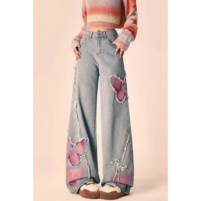 Blugi pentru femei albaștri Pantaloni drepți vintage, îmbrăcăminte de stradă, broderie Y2K, moda americană, pantaloni de denim cu picioare late pentru femei