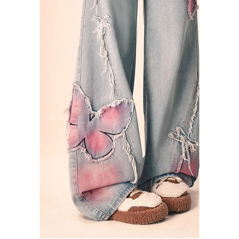 Plave ženske traperice High Street Vintage ravne hlače Ulična odjeća Y2K vez Američke modne ženske traper hlače širokih nogavica