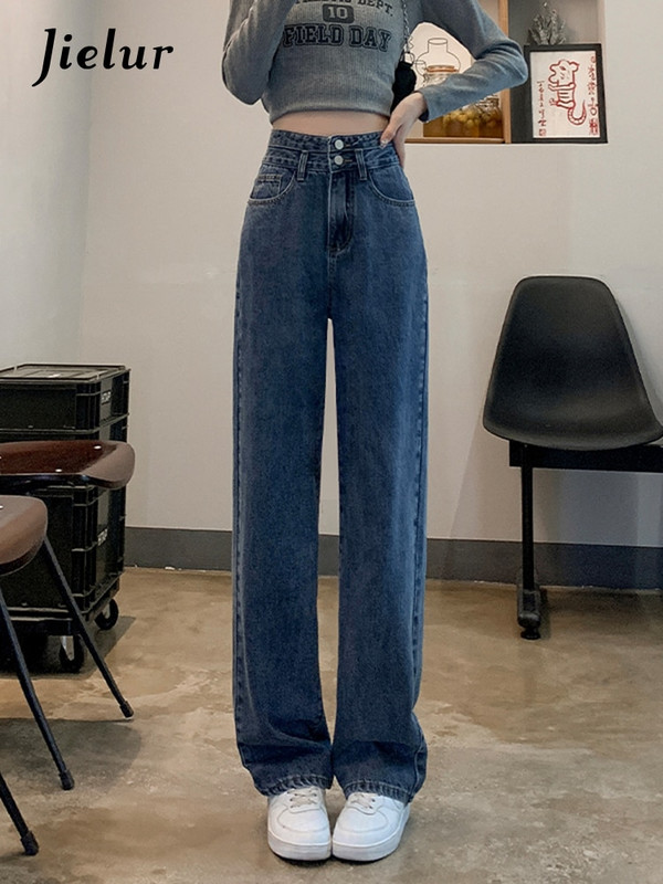 Jielur őszi új szolid színű alkalmi laza női farmer karcsú magas derekú elegáns, egyenes női farmer kék utcai egyszerű nadrág női