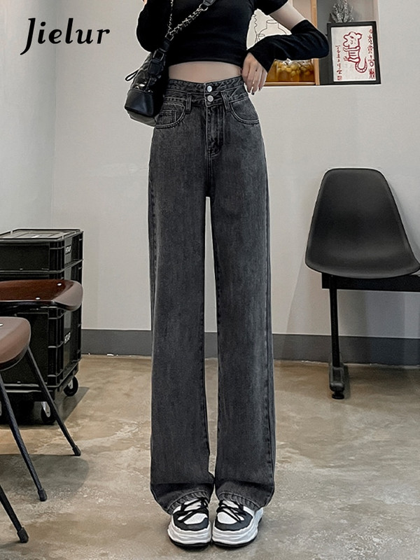 Jielur őszi új szolid színű alkalmi laza női farmer karcsú magas derekú elegáns, egyenes női farmer kék utcai egyszerű nadrág női