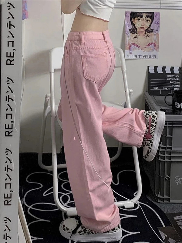 HOUZHOU Y2K široke ružičaste traperice Ženske Kawaii korejske mode Oversize široke traper hlače niskog struka Ulična odjeća Široke hlače Alt