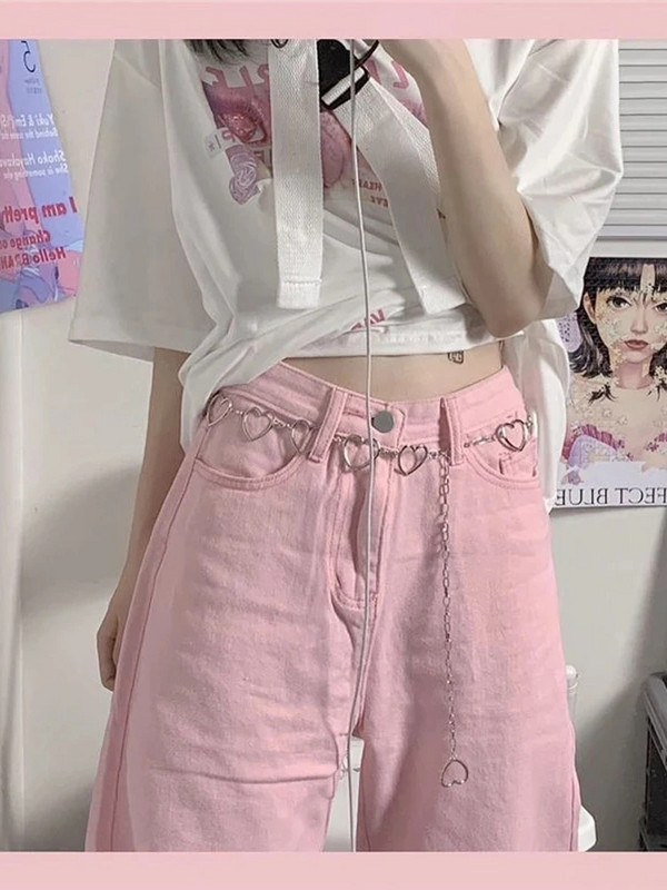 HOUZHOU Y2K široke ružičaste traperice Ženske Kawaii korejske mode Oversize široke traper hlače niskog struka Ulična odjeća Široke hlače Alt