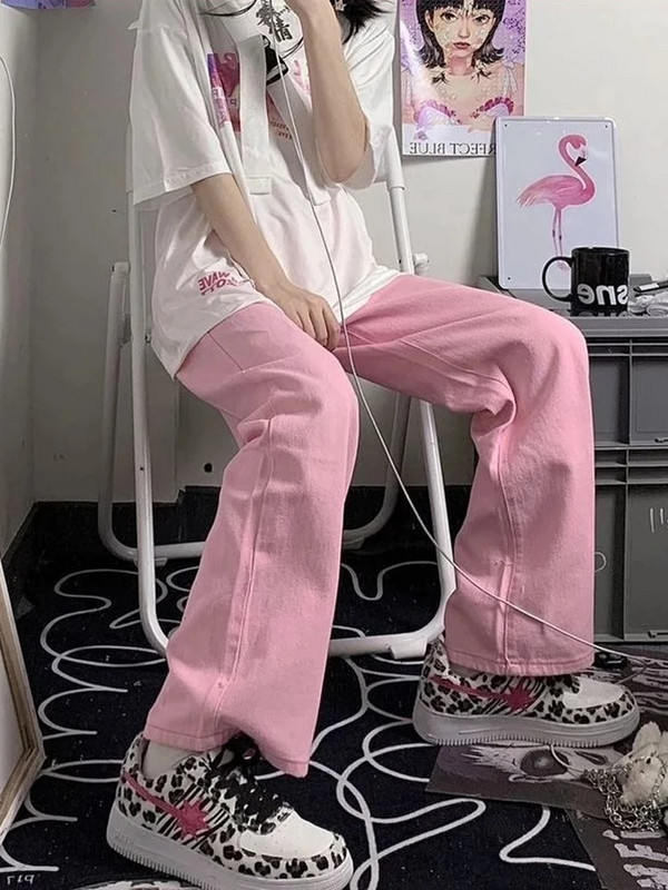 HOUZHOU Y2K široke ružičaste traperice Ženske Kawaii korejske mode Oversize široke traper hlače niskog struka Ulična odjeća Široke hlače Alt