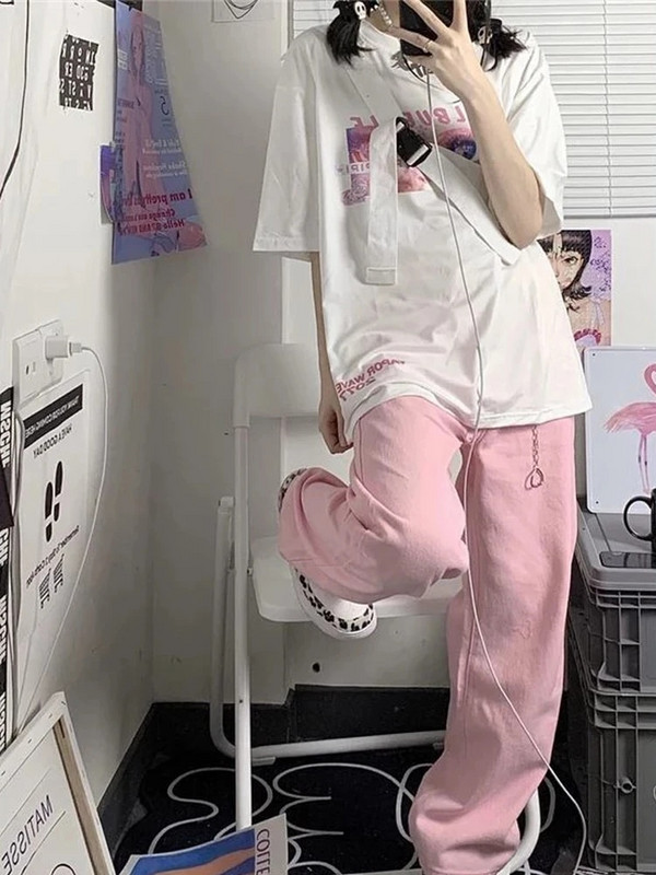 HOUZHOU Y2K široke ružičaste traperice Ženske Kawaii korejske mode Oversize široke traper hlače niskog struka Ulična odjeća Široke hlače Alt