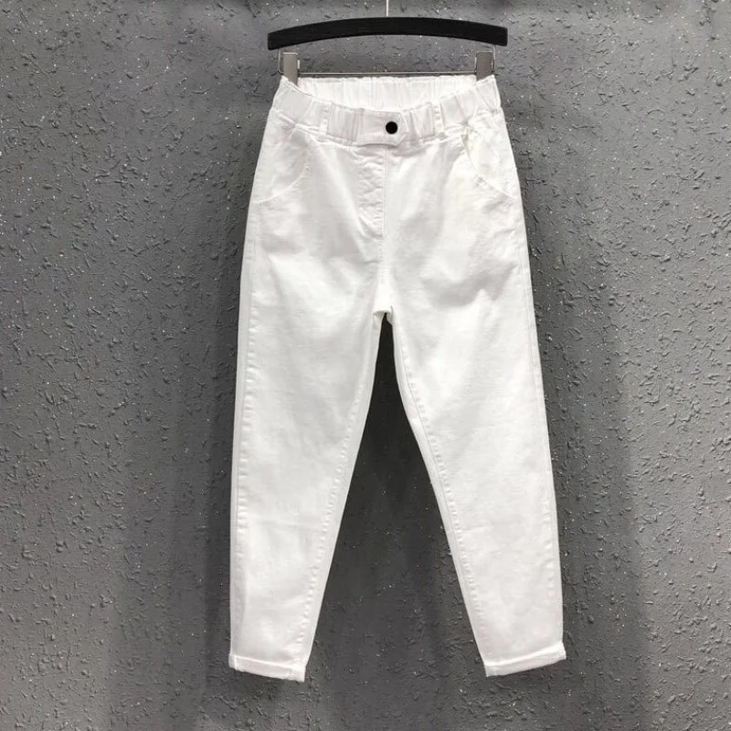 2022, pantaloni harem pentru femei, de vară, pantaloni casual din denim din bumbac, cu talie elastică, blugi negri, albi, galbeni, KZ530