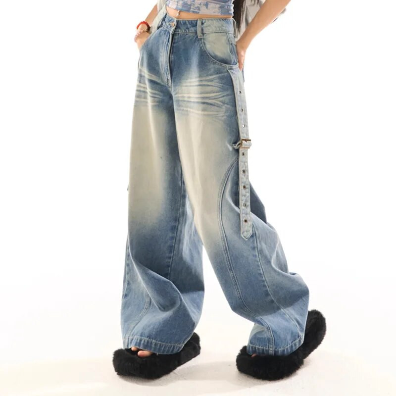 Američke retro ženske isprane traperice jesenske i zimske high street ležerne uske široke ravne hlače trendi brenda