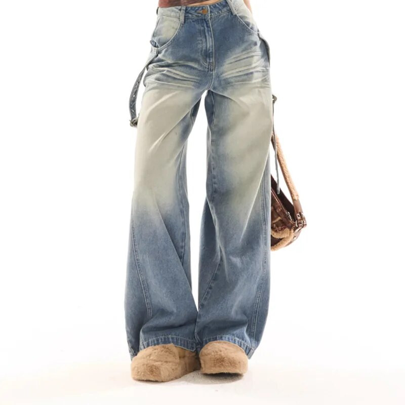 Američke retro ženske isprane traperice jesenske i zimske high street ležerne uske široke ravne hlače trendi brenda