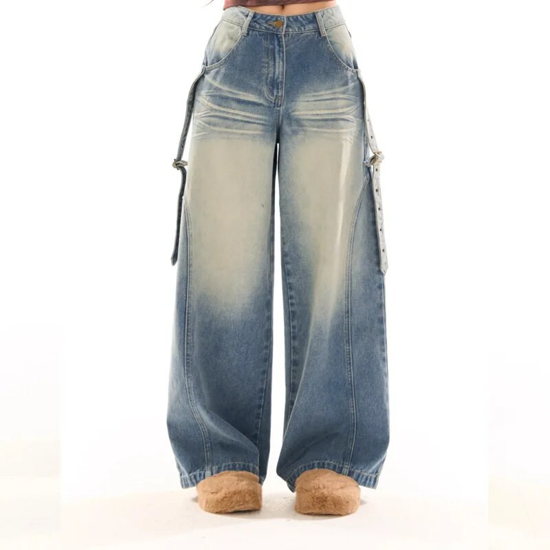 Američke retro ženske isprane traperice jesenske i zimske high street ležerne uske široke ravne hlače trendi brenda