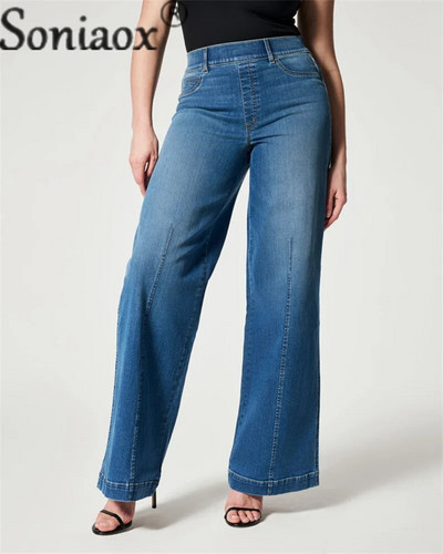 Női gumírozott derék Bő, széles szárú Farmer Elegáns Kényelmes Ingázó Farmernadrág Női Vintage Stretch nadrág Mosható