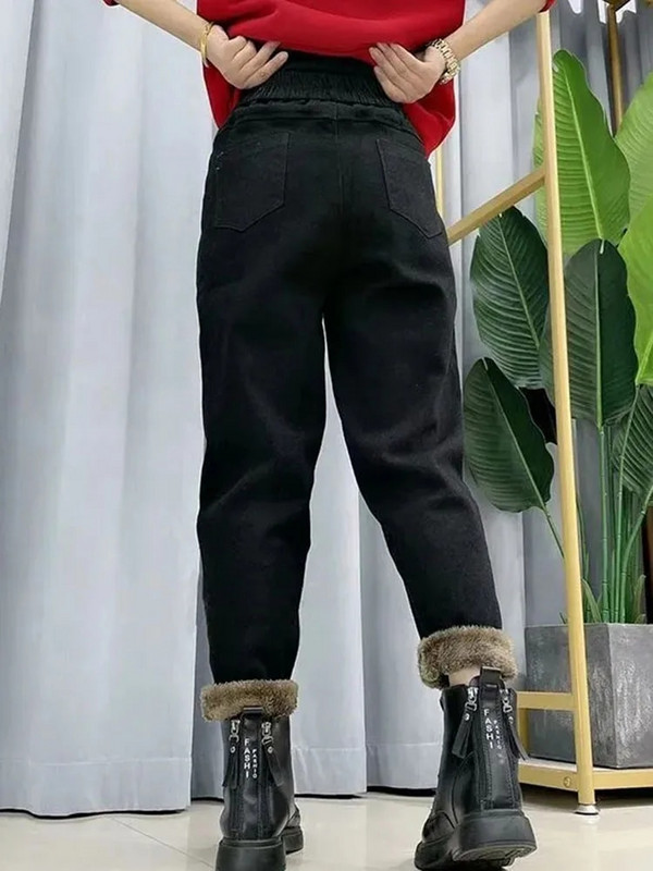 Winter Thicken Harem Džinsai Moteriški vilnos pamušalas šiltas Baggy džinsines kelnes Streetwear Lamb Fluff High Wasit Vaqueros New Kot Pantolon