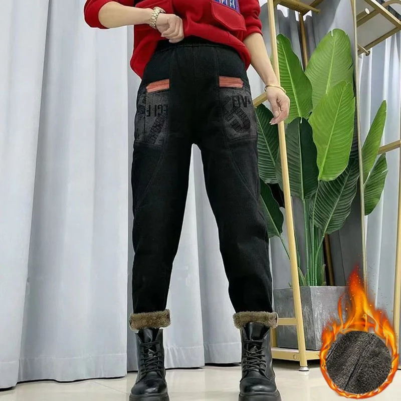 Winter Thicken Harem Džinsai Moteriški vilnos pamušalas šiltas Baggy džinsines kelnes Streetwear Lamb Fluff High Wasit Vaqueros New Kot Pantolon