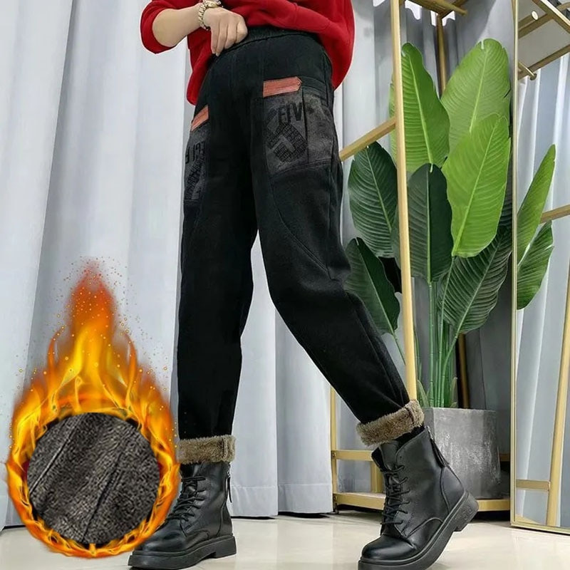 Winter Thicken Harem Džinsai Moteriški vilnos pamušalas šiltas Baggy džinsines kelnes Streetwear Lamb Fluff High Wasit Vaqueros New Kot Pantolon