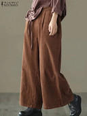 ZANZEA Prevelike široke hlače Ženske duge hlače od samta Jesenske tople pantalone s visokim strukom Ležerne široke hlače širokih nogavica