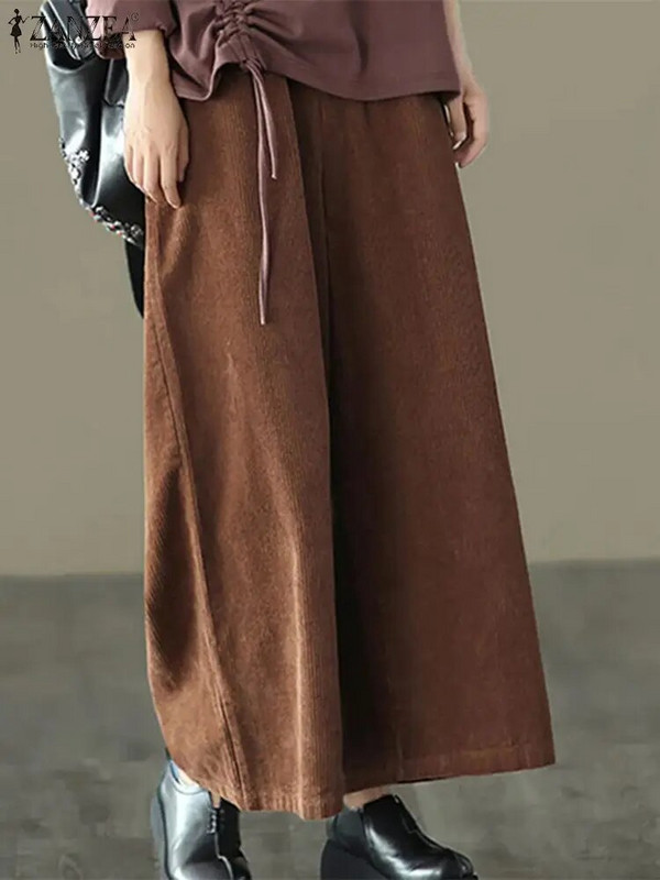 ZANZEA Prevelike široke hlače Ženske duge hlače od samta Jesenske tople pantalone s visokim strukom Ležerne široke hlače širokih nogavica