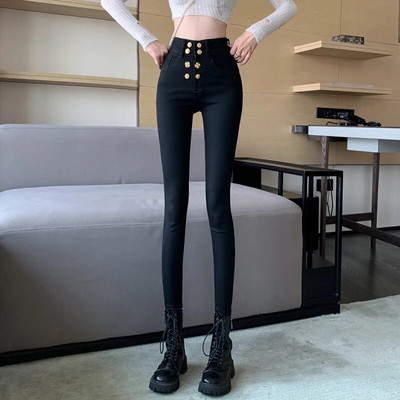 Traperice visokog struka, korejske ženske hlače s olovkom, crne ženske traperice, elastične hlače visokog struka, ženski uski traper