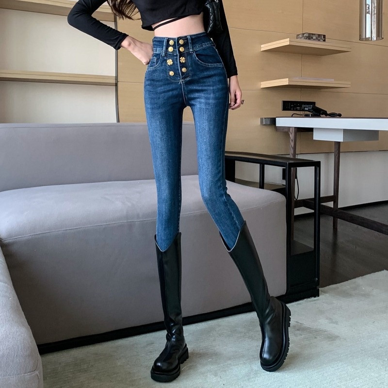 Traperice visokog struka, korejske ženske hlače s olovkom, crne ženske traperice, elastične hlače visokog struka, ženski uski traper