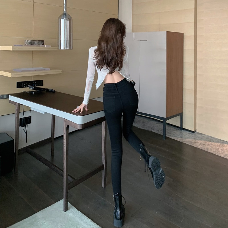 Traperice visokog struka, korejske ženske hlače s olovkom, crne ženske traperice, elastične hlače visokog struka, ženski uski traper