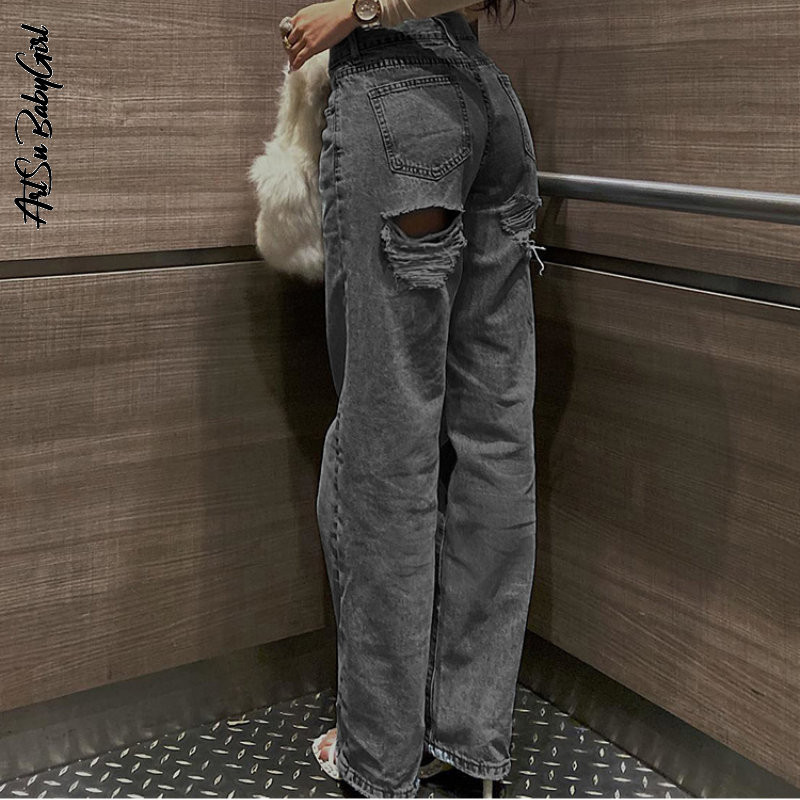 Ženske traperice Hlače visokog struka Plava ulična odjeća Ženska vintage odjeća Jednobojne široke hlače Ženska moda Jean Y2K