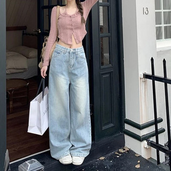 Φαρδύ τζιν Γυναικείο φθινόπωρο Vintage στενά κουμπιά Streetwear All-match Μασίφ ψηλόμεσο τζιν Γυναικείο ίσιο παντελόνι φαρδύ