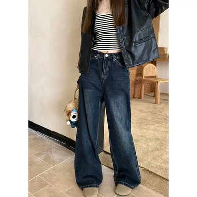 Traperice širokih nogavica Ženske jesenske vintage uske dugmad Ulična odjeća Jednobojne jednobojne traper visokog struka Ženske ravne hlače široke