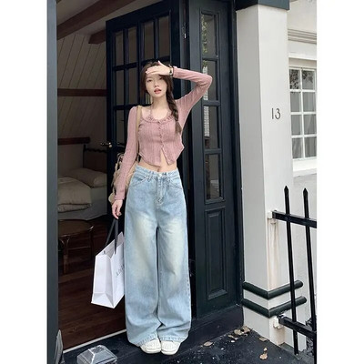 Traperice širokih nogavica Ženske jesenske vintage uske dugmad Ulična odjeća Jednobojne jednobojne traper visokog struka Ženske ravne hlače široke