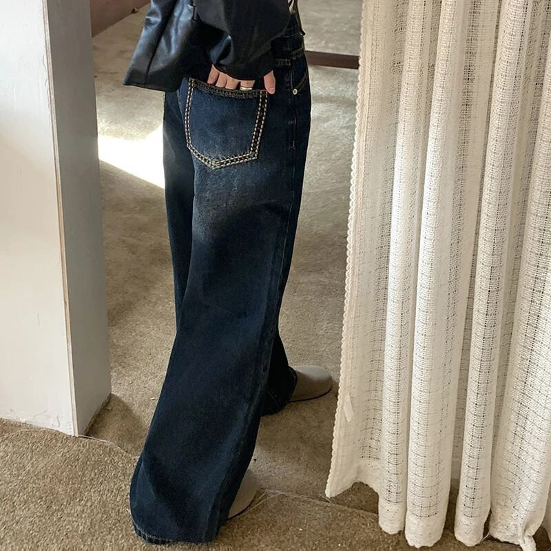 Traperice širokih nogavica Ženske jesenske vintage uske dugmad Ulična odjeća Jednobojne jednobojne traper visokog struka Ženske ravne hlače široke