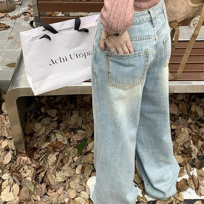 Traperice širokih nogavica Ženske jesenske vintage uske dugmad Ulična odjeća Jednobojne jednobojne traper visokog struka Ženske ravne hlače široke