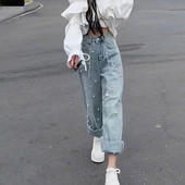 Pearl s džepovima Ženske traperice Plave visoke struke Shot Ravne nogavice Ženske traper hlače Hlače Ulična odjeća na rasprodaji Vintage srednje