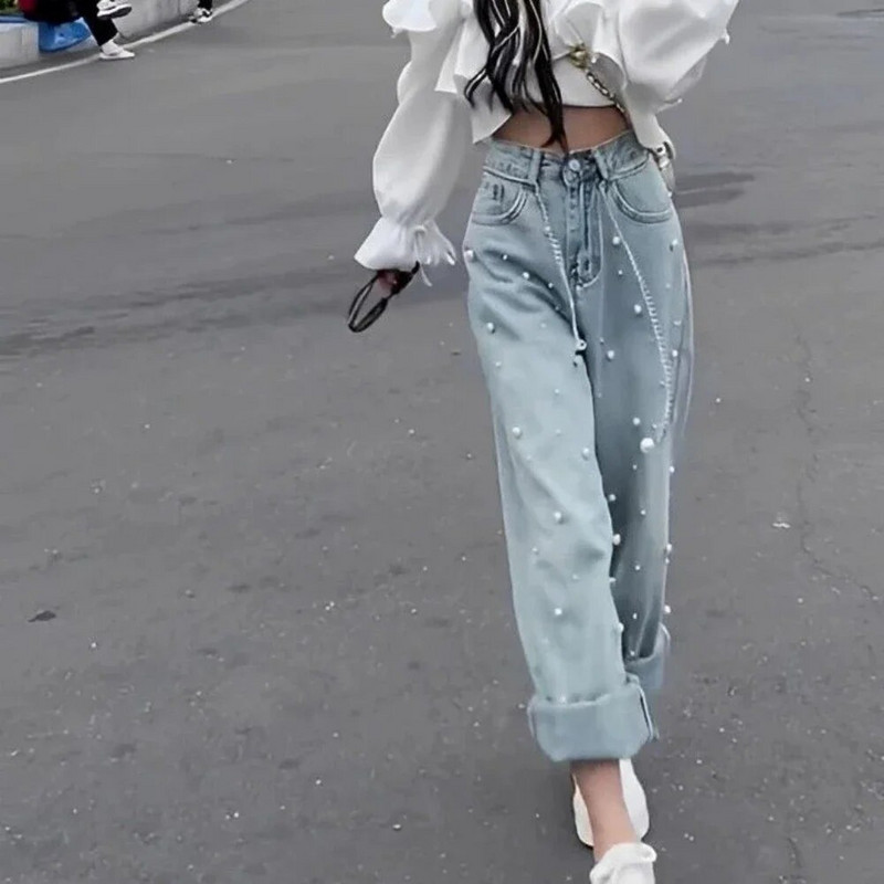 Pearl s džepovima Ženske traperice Plave visoke struke Shot Ravne nogavice Ženske traper hlače Hlače Ulična odjeća na rasprodaji Vintage srednje