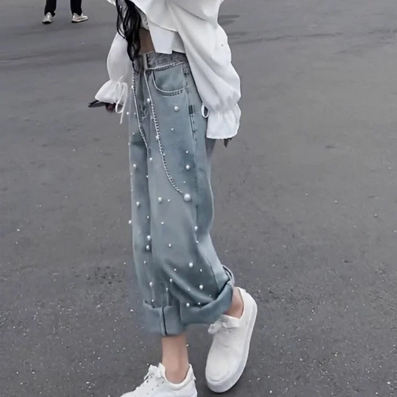 Pearl s džepovima Ženske traperice Plave visoke struke Shot Ravne nogavice Ženske traper hlače Hlače Ulična odjeća na rasprodaji Vintage srednje