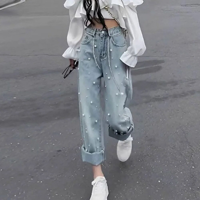 Pearl s džepovima Ženske traperice Plave visoke struke Shot Ravne nogavice Ženske traper hlače Hlače Ulična odjeća na rasprodaji Vintage srednje