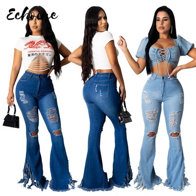 Női farmer magas derekú, flare címer farmer Boyfriend szakadt Calca farmer Lady Skinny Bell Alsó széles szárú farmer nadrág 2X