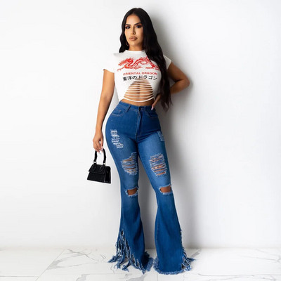 Női farmer magas derekú, flare címer farmer Boyfriend szakadt Calca farmer Lady Skinny Bell Alsó széles szárú farmer nadrág 2X