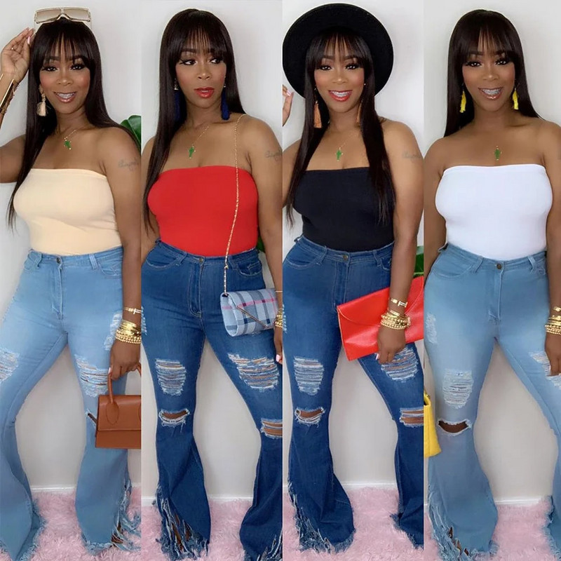 Női farmer magas derekú, flare címer farmer Boyfriend szakadt Calca farmer Lady Skinny Bell Alsó széles szárú farmer nadrág 2X