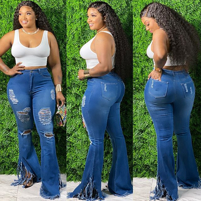 Női farmer magas derekú, flare címer farmer Boyfriend szakadt Calca farmer Lady Skinny Bell Alsó széles szárú farmer nadrág 2X
