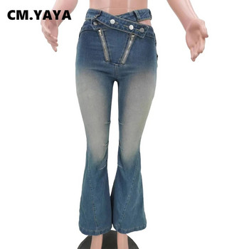 CM.YAYA Γυναικεία Streetwear Zipper Fly Washed Flare τζιν παντελόνι 2023 INS Fashion Wide Leg Jeans Παντελόνι Ψηλόμεσο Τζιν