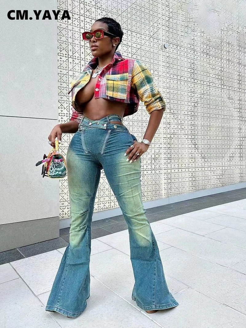 CM.YAYA Ženska ulična odjeća s patentnim zatvaračem Isprane lepršave traper hlače 2023 INS Fashion široke traperice Hlače s visokim strukom