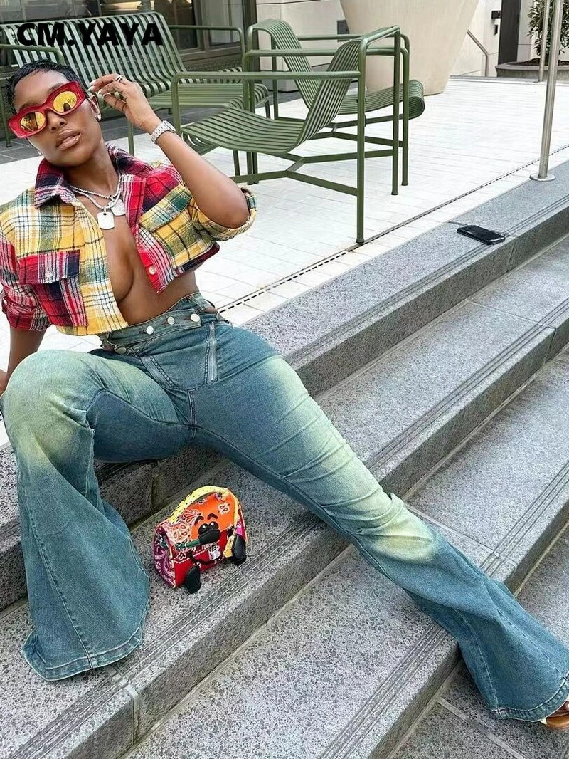 CM.YAYA Ženska ulična odjeća s patentnim zatvaračem Isprane lepršave traper hlače 2023 INS Fashion široke traperice Hlače s visokim strukom