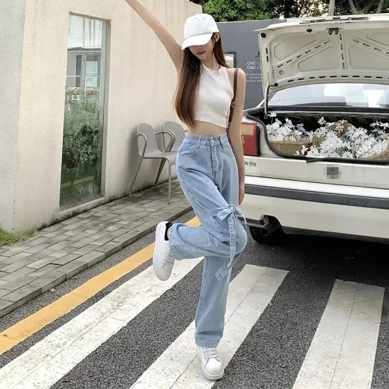 Biyaby női masnis farmer Harajuku aranyos mosott kék farmer egyenes nadrág női koreai stílusú, magas derekú, bő, széles lábú nadrág női