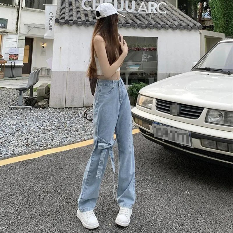 Biyaby női masnis farmer Harajuku aranyos mosott kék farmer egyenes nadrág női koreai stílusú, magas derekú, bő, széles lábú nadrág női