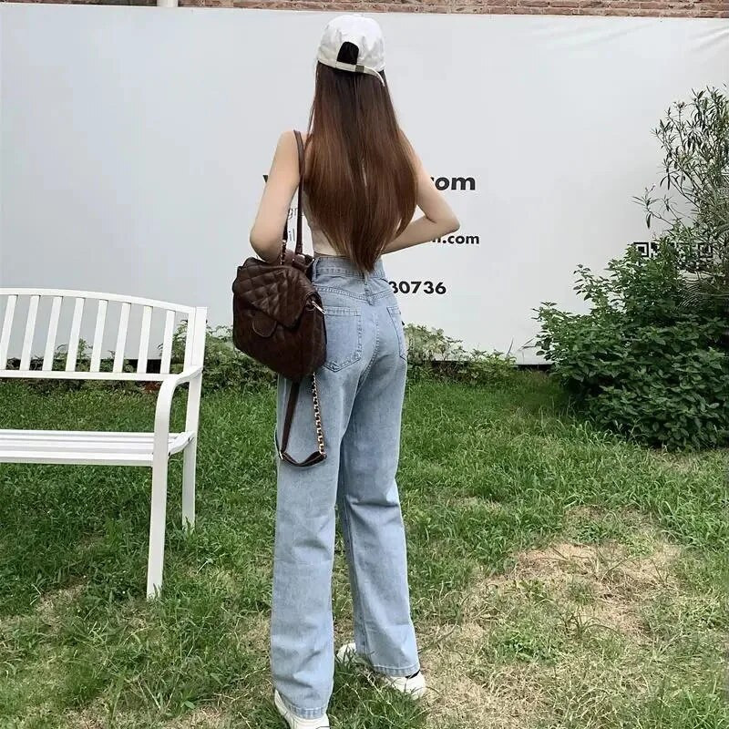 Biyaby női masnis farmer Harajuku aranyos mosott kék farmer egyenes nadrág női koreai stílusú, magas derekú, bő, széles lábú nadrág női