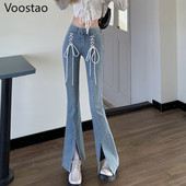 Vintage slatke traper hlače visokog struka, široke ženske šik hlače na vezanje, uske čizme, ženske ulične Y2K traperice, hlače za djevojčice